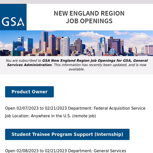 New/Current Job Opportunities in the GSA New England Region