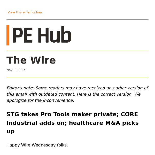 CORRECTION: STG takes Pro Tools maker private; CORE Industrial adds on; healthcare M&A picks up