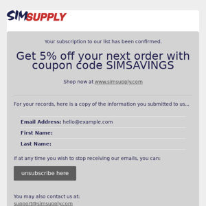 Sim Supply Newsletter/Blog Sign Up: Subscription Confirmed