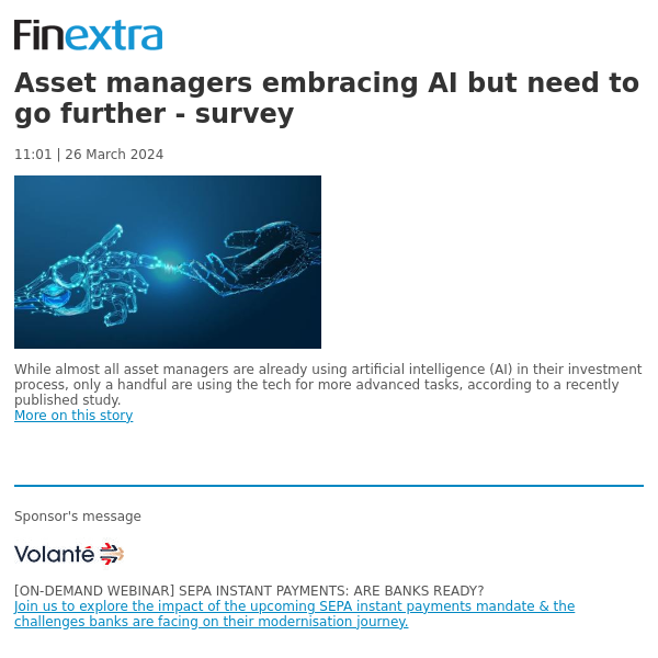 Finextra News Flash: Asset managers embracing AI but need to go further - survey