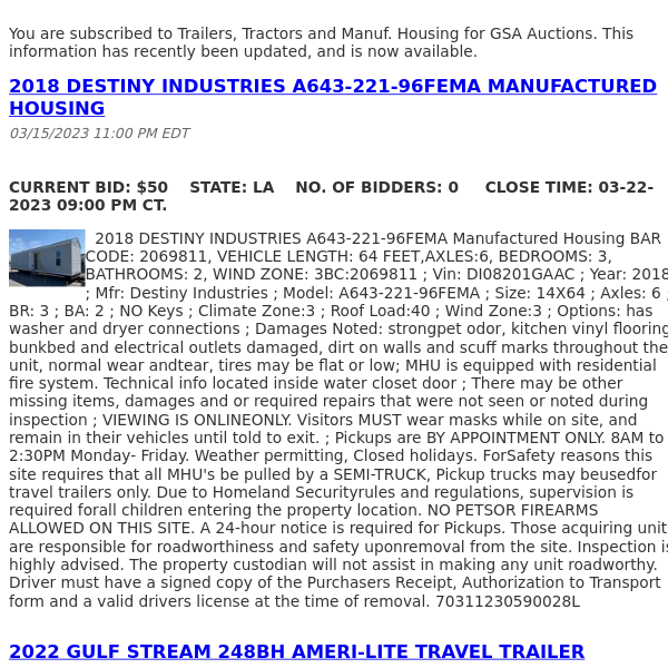 GSA Auctions Trailers, Tractors and Manuf. Housing Update