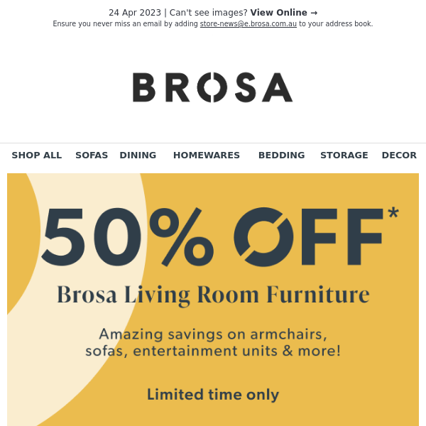 50% OFF Brosa living room furniture for a limited time only!