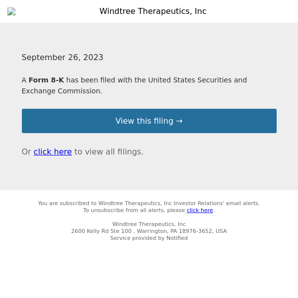 New Form 8-K for Windtree Therapeutics, Inc