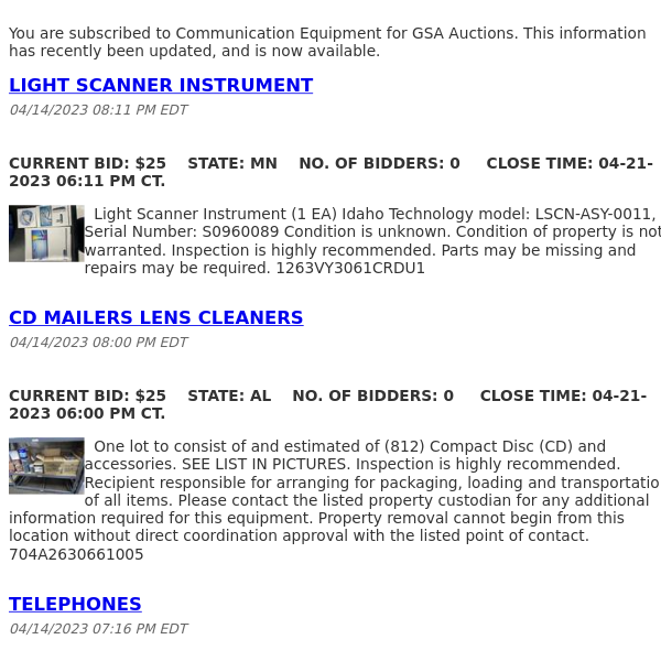 GSA Auctions Communication Equipment Update