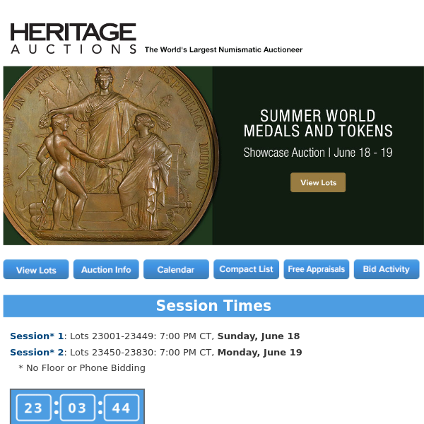 Bidding Now Open:  June 18 - 19 Summer World Medals and Tokens Auction