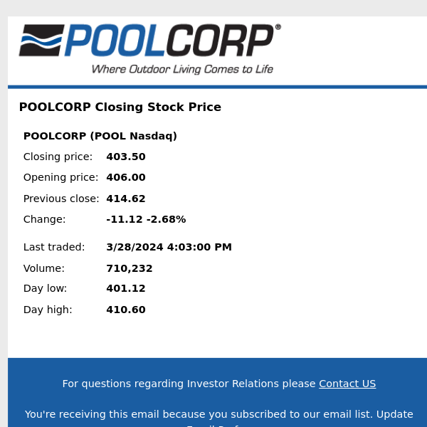 POOLCORP Closing Stock Price