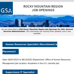 New/Current Job Opportunities in the GSA Rocky Mountain Region