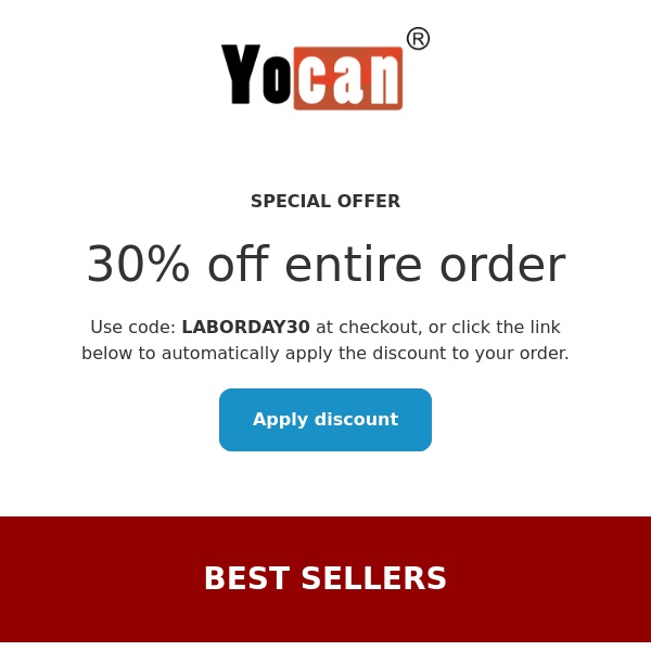 This Labor Day Take 30% Off Your YOCAN Order!