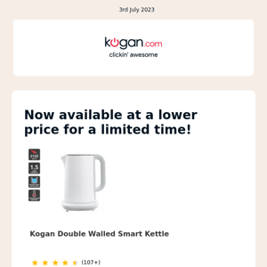 PRICE DROP: Kogan 1.5L Double Walled Smart Kettle (White) & More