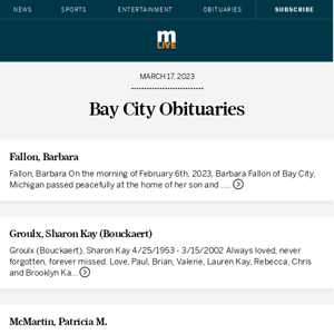 Today's Bay City obituaries for March 17, 2023