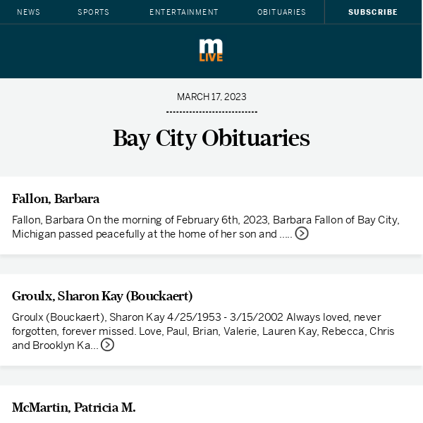 Today's Bay City obituaries for March 17, 2023