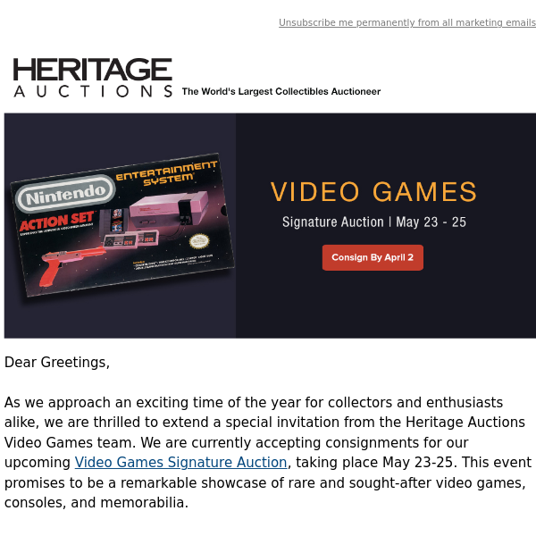 Consign to the May 23 - 25 Video Games  Auction