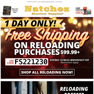 1 Day Only Free Shipping on Reloading Purchases $99.99+