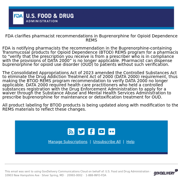 FDA clarifies pharmacist recommendations in Buprenorphine for Opioid Dependence REMS