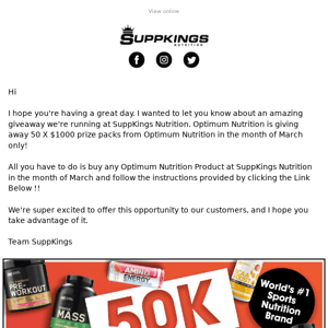  Optimum Nutrition 50K Supplement Giveaway .... Win 1 of 50 $1000 Prize Packs🎁
