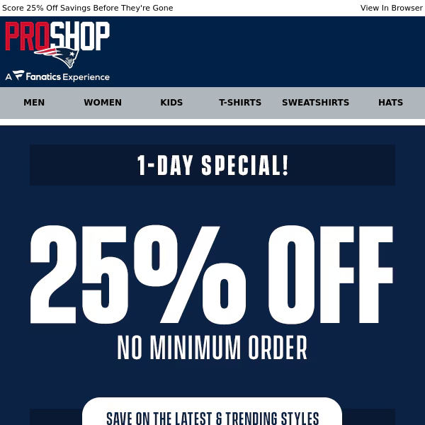 1-Day Sale: 25% Off Patriots Gear