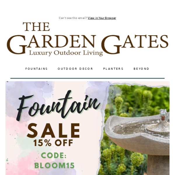 15% Off Spring Sale. Fountains for every garden!