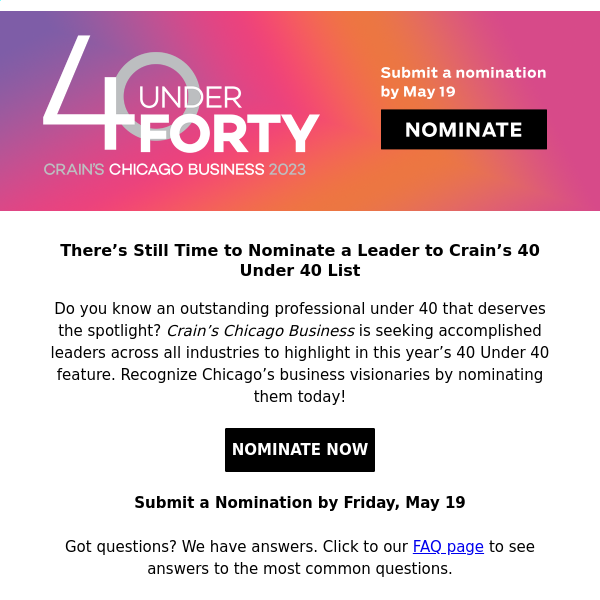 Deadline Approaching: 40 Under 40