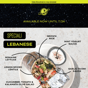 Enjoy this light and refreshing dish as a burrito or bowl! The Lebanese special is back!