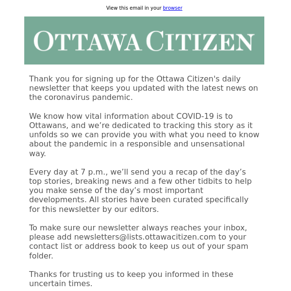 Thanks for signing up for the Ottawa Citizen’s coronavirus update