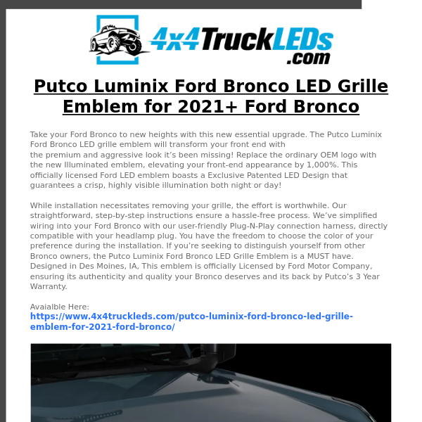 Putco Luminix Ford Bronco LED Grille Emblem for 2021+ Ford Bronco Now Available