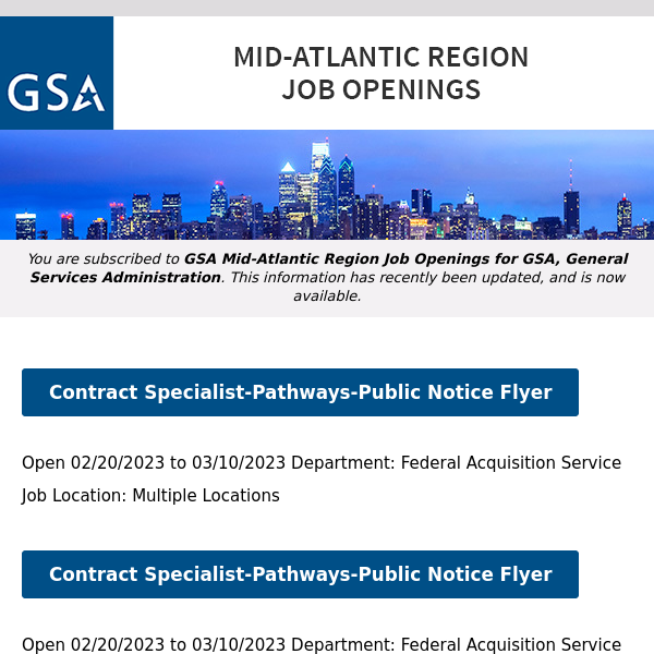 New/Current Job Opportunities in the GSA Mid-Atlantic Region