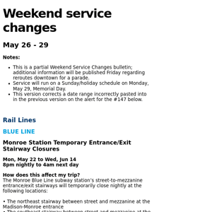 CTA Planned Weekend Service Changes -- May 26-29 (Updated)