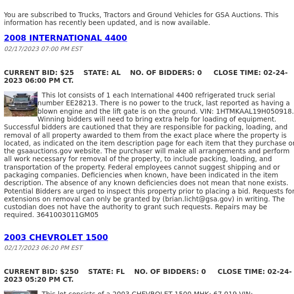 GSA Auctions Trucks, Tractors and Ground Vehicles Update