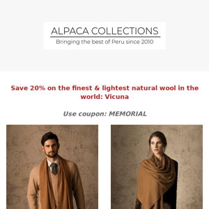 Memorial Day Vicuna SALE - Save on the finest natural fiber in the world