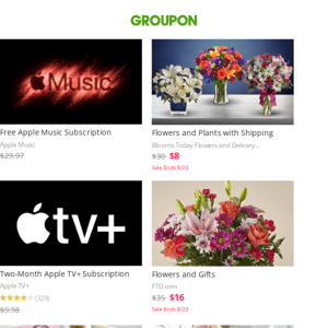 Free Apple Music Subscription | Flowers and Plants with Shipping | Two-Month Apple TV+ Subscription