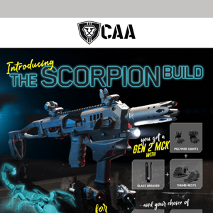 Save $195 with Our Scorpion Build Gen 2 MCK with a Glass Breaker + Thumb Rest + Sights + Flashlight or Laser for $378