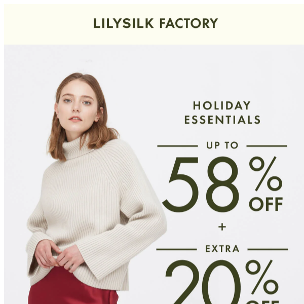 LILYSILK Factory: Up to 50% off your holiday essentials + an extra 20%