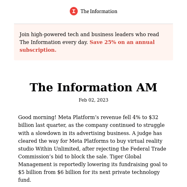 The Information AM -   Meta Platforms’ Revenue and Profit Fall in Q4