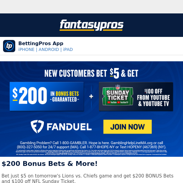 Lions vs. Chiefs FanDuel promo: $200 bonus bets, NFL Sunday Ticket