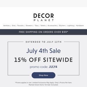 Prime Savings: 15% Off Sitewide Extended - Decor Planet