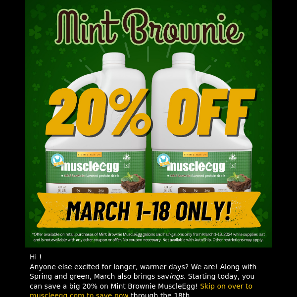 Save 20% on Mint Brownie MuscleEgg.