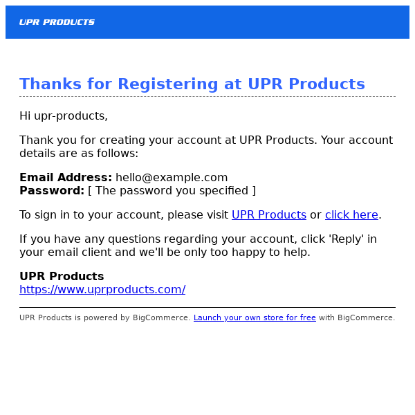 Thanks for Registering at UPR Products