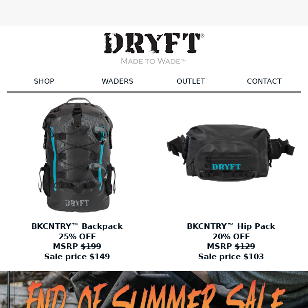 25% off BKCNTRY™ Backpack and 20% off BKCNTRY™ Hip Pack - Dryft