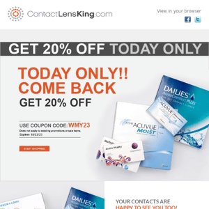 Get 20% Off Today at Contact Lens King