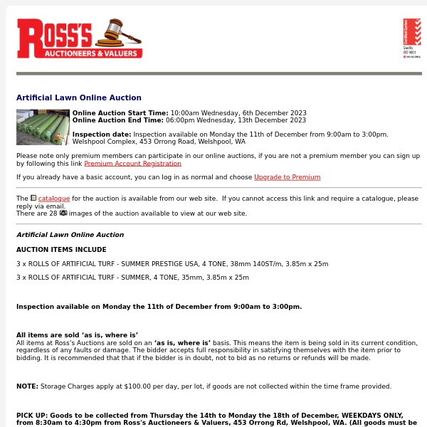*CATALOGUE AVAILABLE* Ross's > Artificial Lawn Online Auction 13/12/23