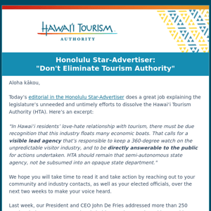 Honolulu Star-Advertiser: "Don't Eliminate Tourism Authority"