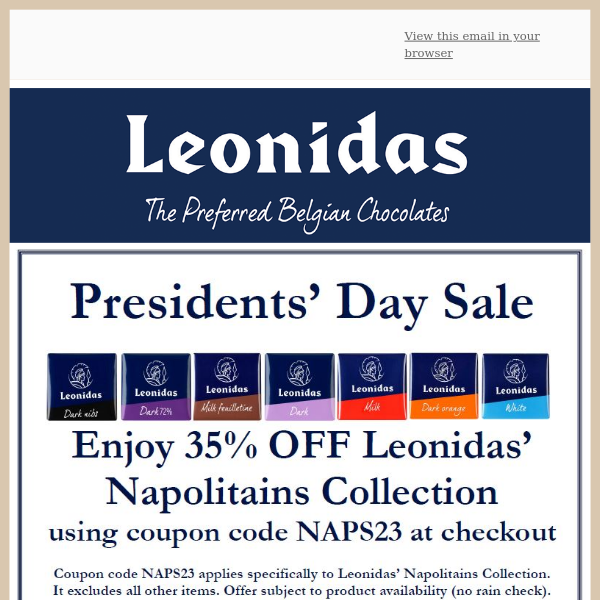 Presidents' Day Sale 35% OFF Leonidas Napolitains Collection