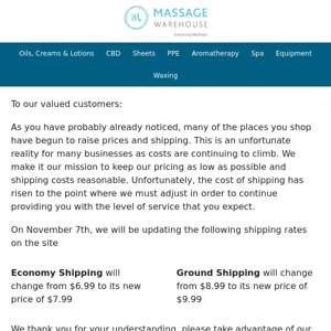 Massage Warehouse Increased Shipping Notice