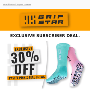 EXCLUSIVE | 30% off Grip Star pastel pink and teal crew socks.