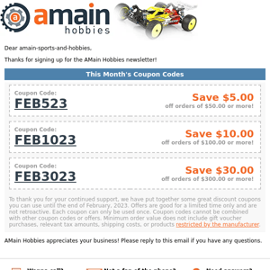 Thanks for subscribing to the AMain Hobbies newsletter