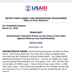 TRANSCRIPT: Administrator Samantha Power on the Future of the Fight Against Maternal and Child Mortality