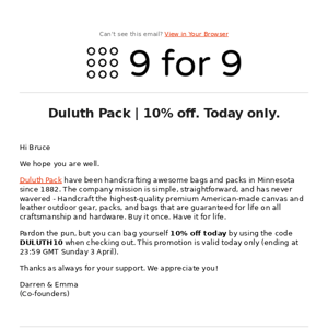 Duluth Pack | 10% off. Today only.