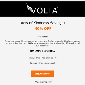 Re: Volta Charger, spread some kindness with 40% off.