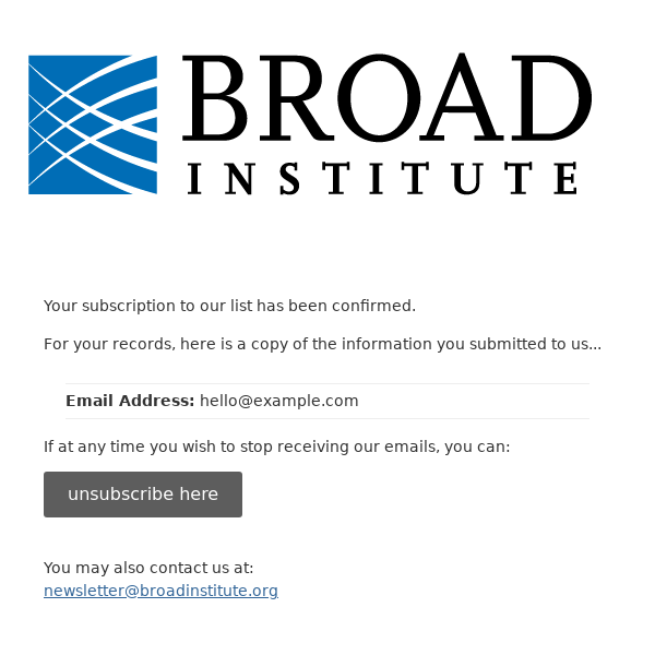 Broad Institute Newsletter: Subscription Confirmed