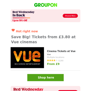 🔥 Whee! Vue tickets from £3.80! Red Wednesday is BACK